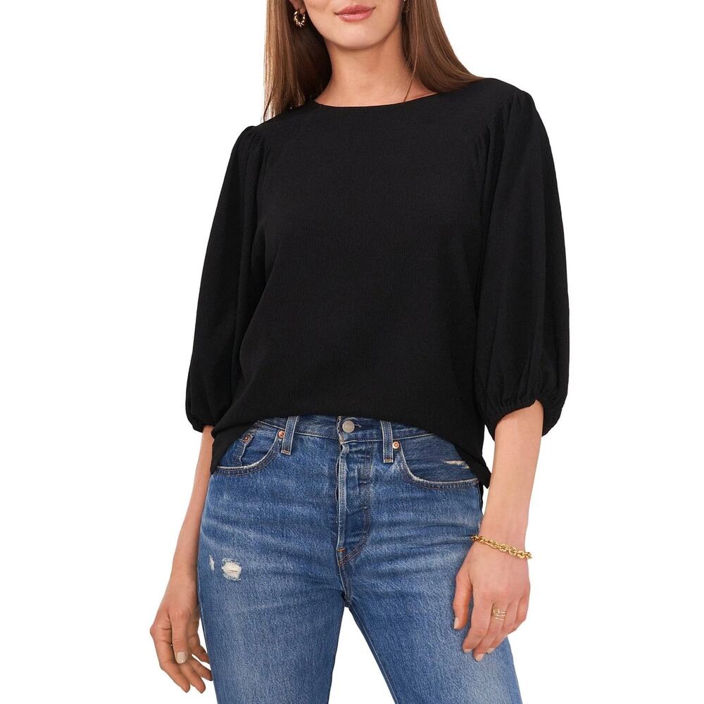Vince Camuto Puff Sleeve Top Textured Blouse Black Size Large